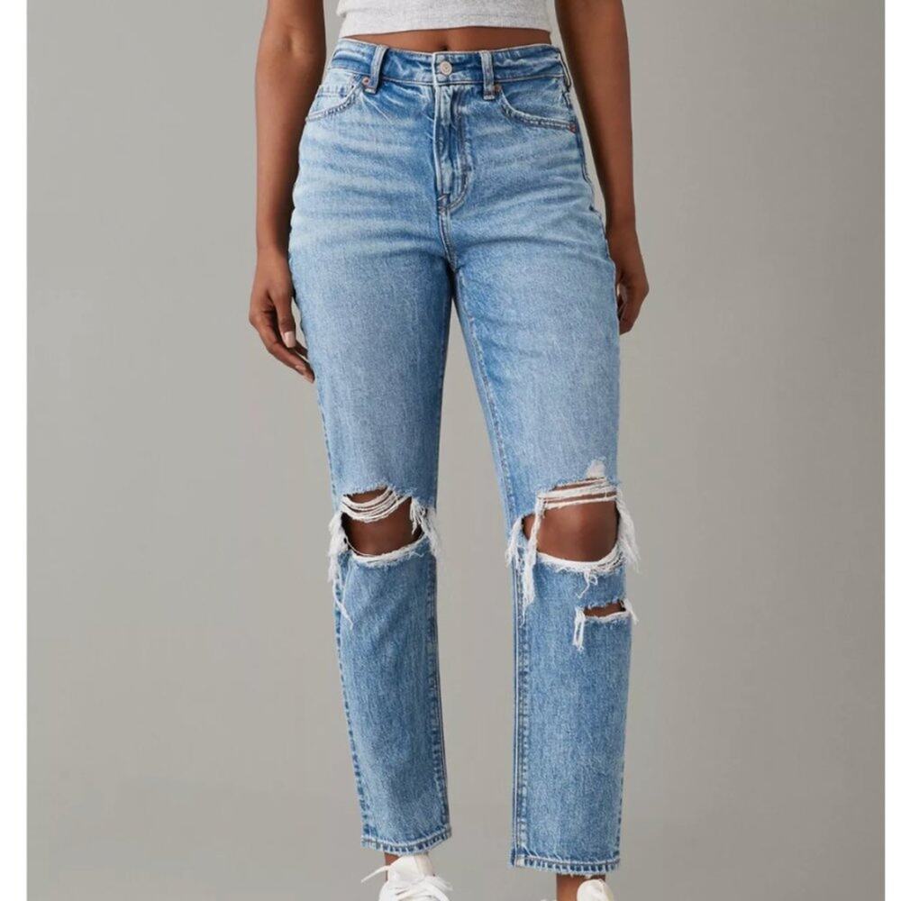 Blown Out Blue Ripped Distressed Mom Jean